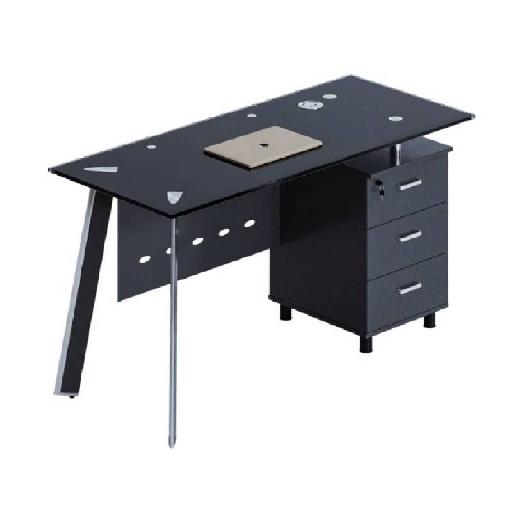 SHIRAZ Executive Desk 160cm Black – Office Desk with Tempered Glass Tray, Fabric Finish, 12mm Top, Metal & Aluminum Frame – Includes Splashback & Mobile Trolley