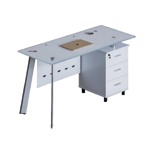SHIRAZ Executive Desk 160cm White – Tempered Glass Tray, Fabric Finish, 12mm Top, Metal & Aluminum Frame – Includes Splashback & Mobile Trolley – Modern White Office Desk