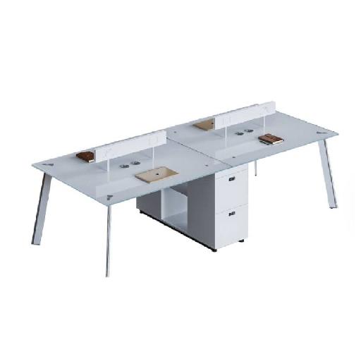 SHIRAZ Workstation Desk 240cm – Modern Dark Oak/Grey Office Desk with Metal Base, 2 Drawers, Tempered Glass Tray & Melamine Finish – 75cm Height, Aluminum Structure