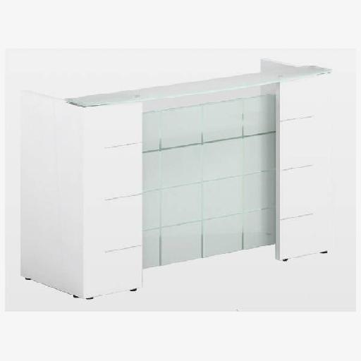 ADANA Reception Desk 180cm White – Square Front Desk with 110cm Height, Melamine & Glass Structure, Finish Foil Surface, Metal Feet, Modern Seated Design for Office Spaces