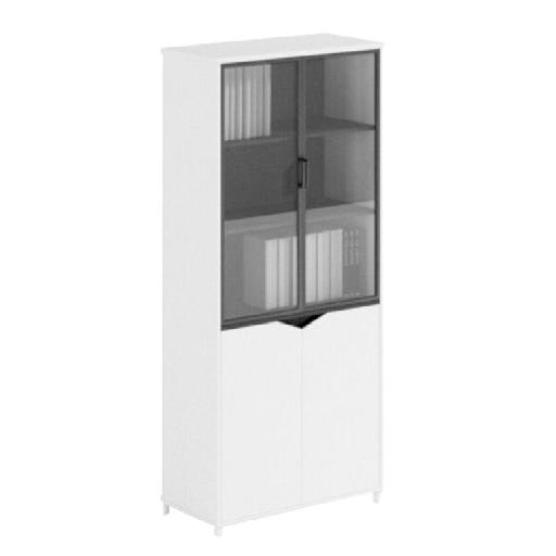 SHIRAZ Storage Unit 80cm White – Tall 195cm Modern Cabinet with 3 Shelves, Fabric Panels, Tempered Glass Finish, Melamine-Aluminum Frame & Metal Feet for Office or Home