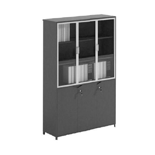SHIRAZ Storage Unit 120cm Black – Tall 195cm Cabinet with 3 Shelves, Fabric Panels, Tempered Glass Finish, Melamine-Aluminum Frame, and Metal Legs for Office or Home Use