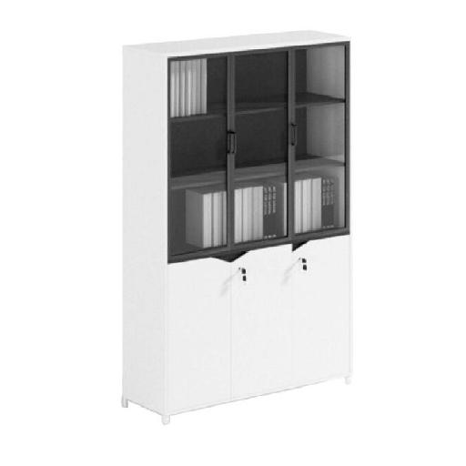 SHIRAZ Storage Unit 120cm Black – Tall 195cm Cabinet with 3 Shelves, Fabric Panels, Tempered Glass Finish, Metal Legs, and Melamine-Aluminum Frame for Office or Home Storage