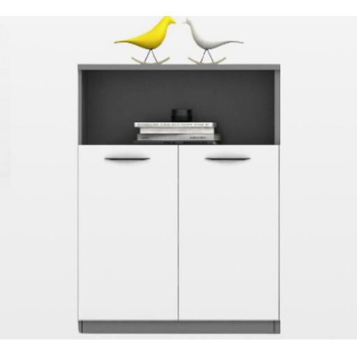 TEAM Storage Unit White/Grey Melamine Cabinet with 2 Doors & 2 Shelves – 120 cm Height x 80 cm Length x 40 cm Depth, Fabric Covering and Metal Handles for Office Storage