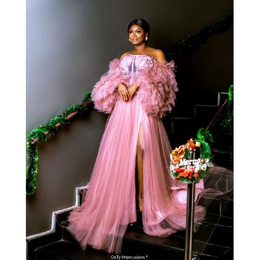 High-Slit Elegance: Tulle Gown with Statement Tiered Sleeves by Amoasi Official