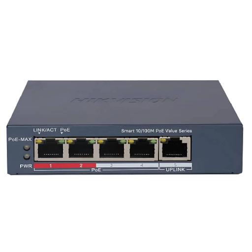 Hikvision 4 Port Fast Ethernet Smart POE Switch DS-3E1105P-EI/M – 45W PoE Budget, Long-Range Transmission, 802.1Q VLAN, Surge Protection & PoE Watchdog for IP Cameras and Network Devices