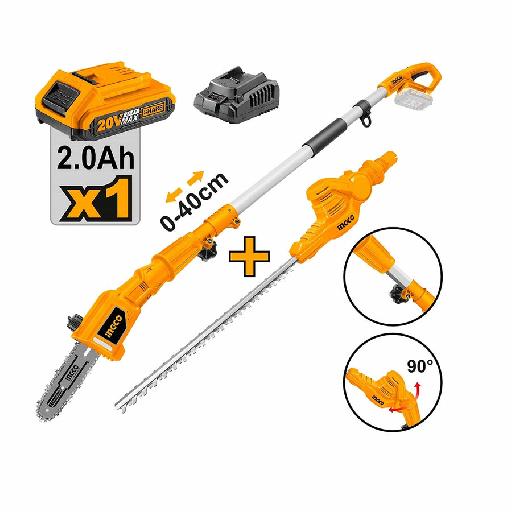 Ingco Lithium-Ion Cordless Pole Saw with Pole Hedge Trimmer with 20V 2.0Ah Battery & Charger CPTS201681