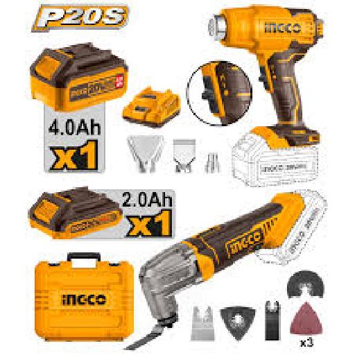 Ingco P20S Lithium-Ion Battery and Charger Kit with Multi-Tool (CMLI2022) and Heat Gun (HGLI20025) COSLI230701