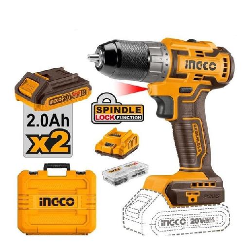 Ingco Lithium-Ion Brushless Cordless Hammer Impact Drill with Two 20V 2.0Ah Batteries & Charger CIDLI20508