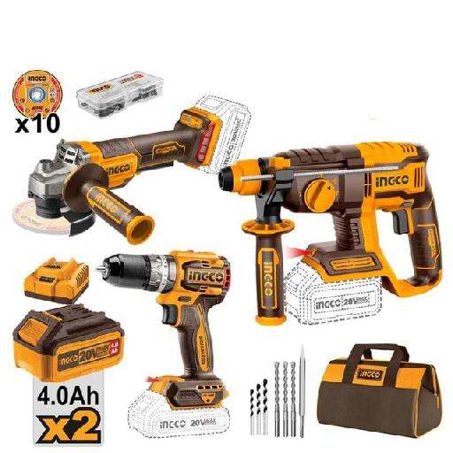 Ingco 20V Lithium-Ion Cordless Rotary Hammer, Angle Grinder & Impact Drill Combo Kit Set COSLI240202