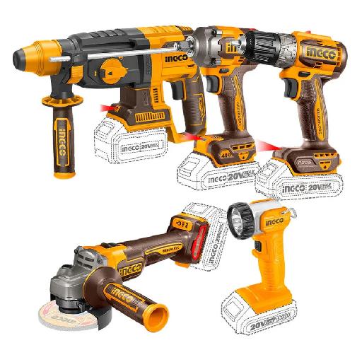 Ingco Brushless Cordless Drill, Impact Wrench, Rotary Hammer, Angle Grinder & Work Lamp Combo Kit