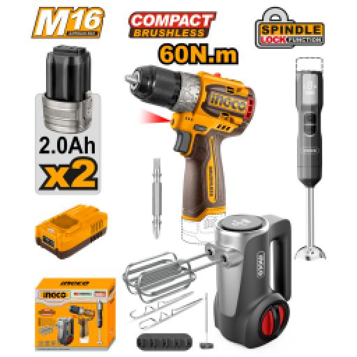 Ingco Cordless Drill 16V 60Nm + 2 Battery + 11 pcs Cleaning Brush – COSLI240786