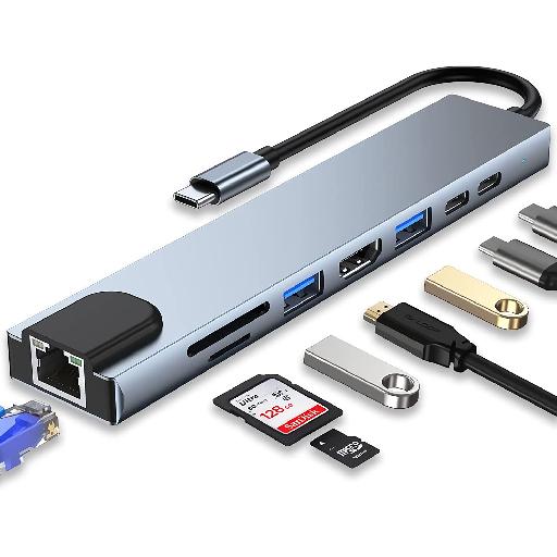 Type-C Adapter 8-in-1 Docking Station with 4K HDMI, 100W PD, USB 3.0, RJ45 Ethernet, SD/TF Card Reader – Universal USB-C Hub for MacBook, Laptops & More