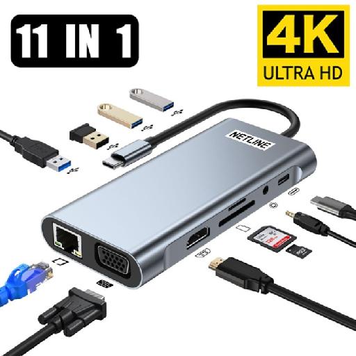 USB Type-C HUB 11-in-1 Docking Station – 4K HDMI, VGA, USB-C PD, USB 3.0, Ethernet, SD/TF Card Reader, AUX – Compatible with MacBook Pro/Air & Other USB-C Laptops