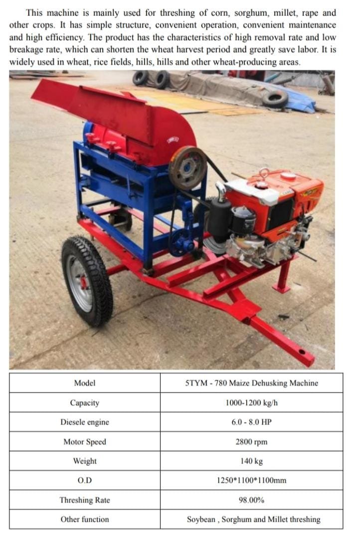 8HP Diesel Multi-Purpose Grain Dehusker (1-1.2 Tonnes/H)