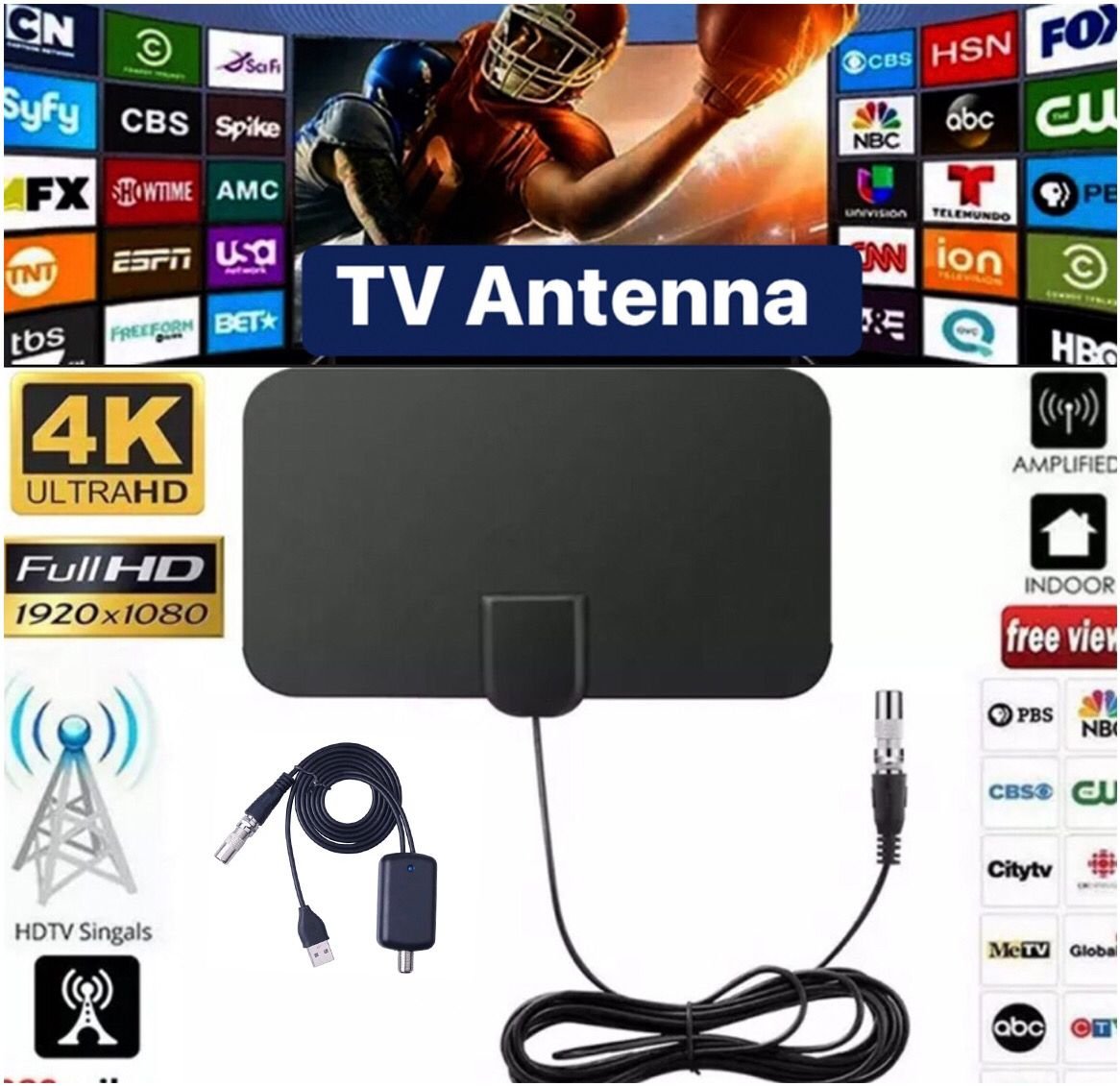 Amplified HD Digital Indoor TV Antenna with 200-Mile Range