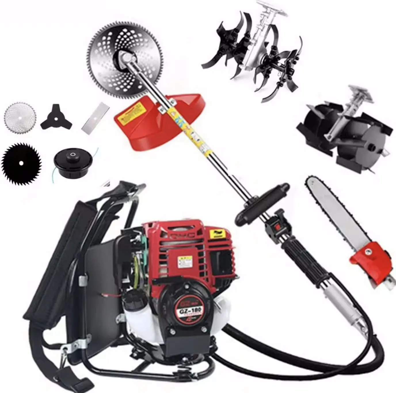 10-in-1 4-Stroke 52cc Brush Cutter Set - Tiller, Chainsaw, Hedge Trimmer, Lawn Mower