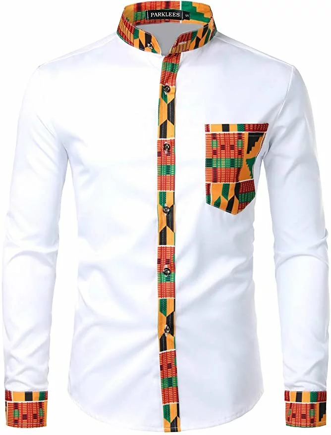 Men's African Dashiki Shirt - Stand Collar, Tribal Patchwork, Long Sleeve