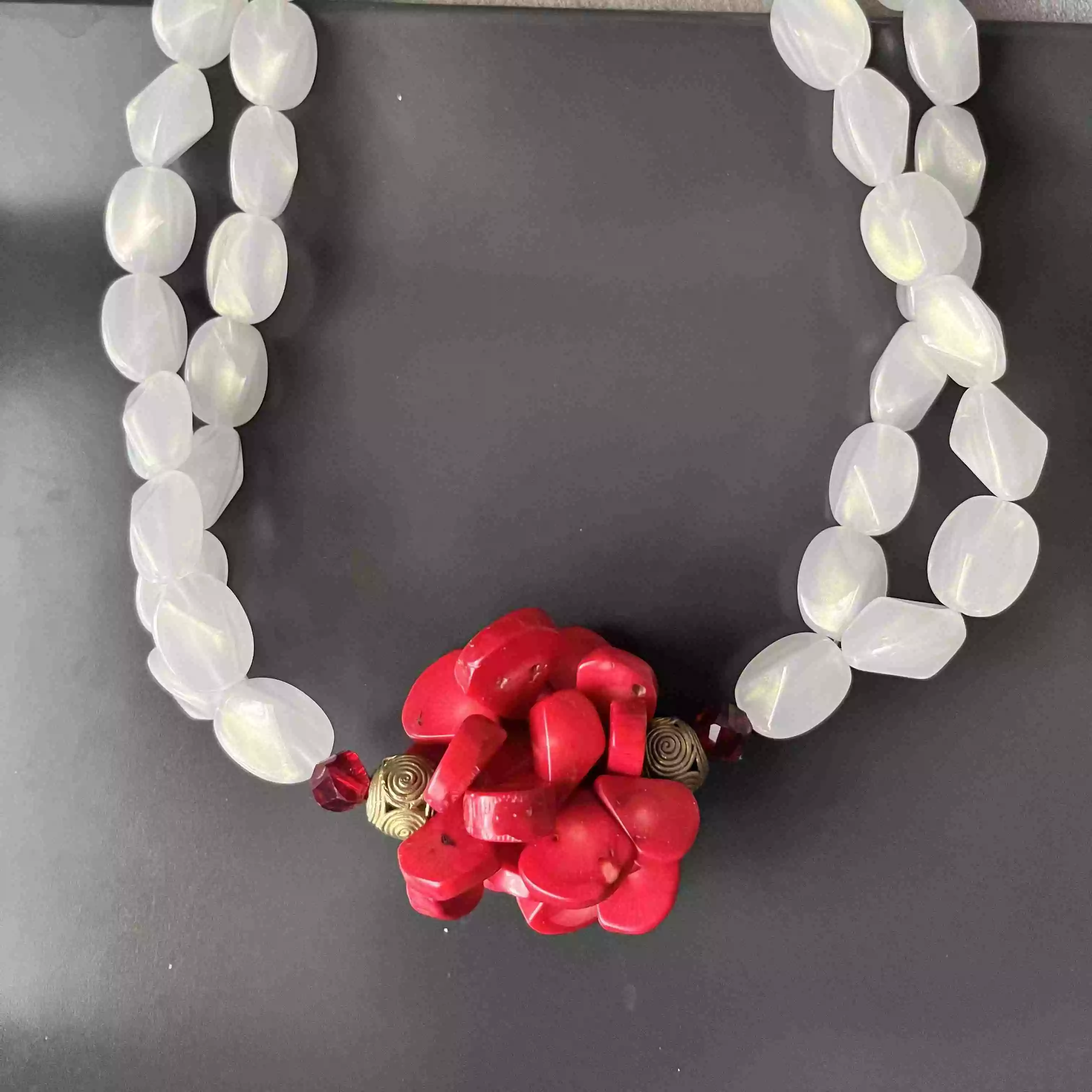 Handmade Silicone Bead Statement Necklace - 28" White & Red, Nylon Cord