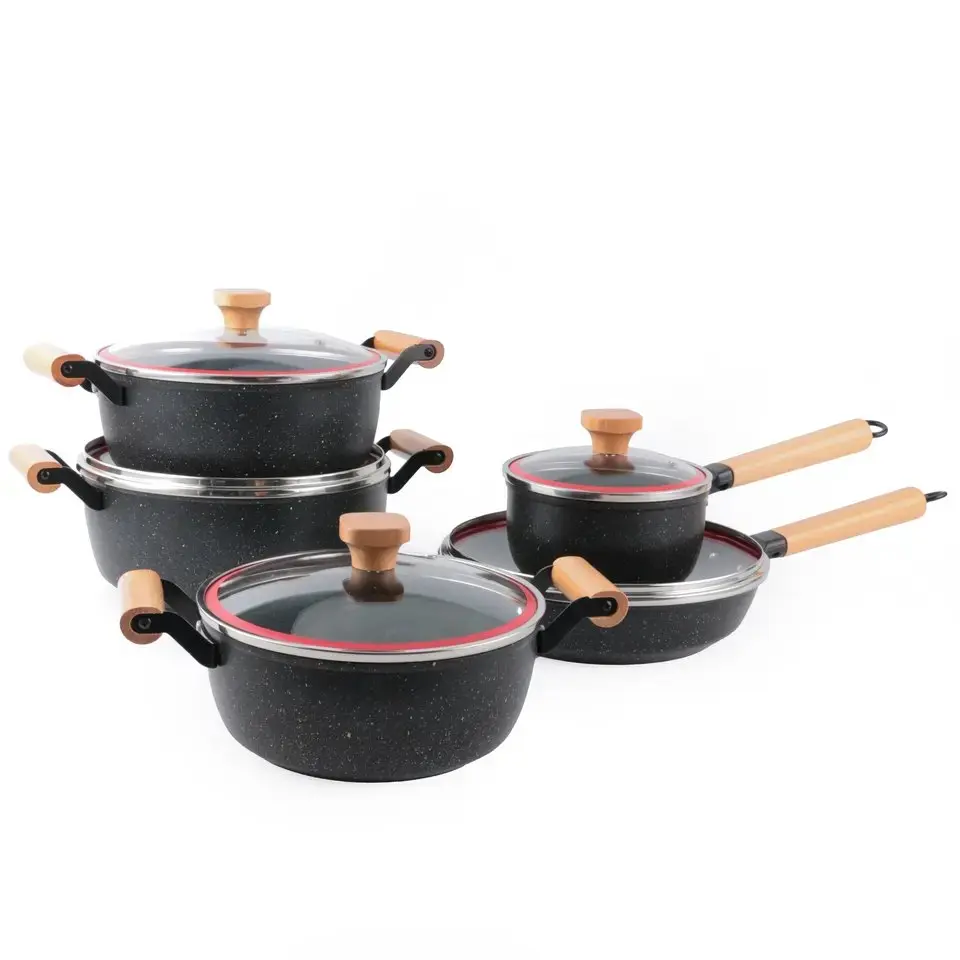 10-Piece Maifan Stone Non-Stick Cookware Set - Stainless Steel, Wooden Handles