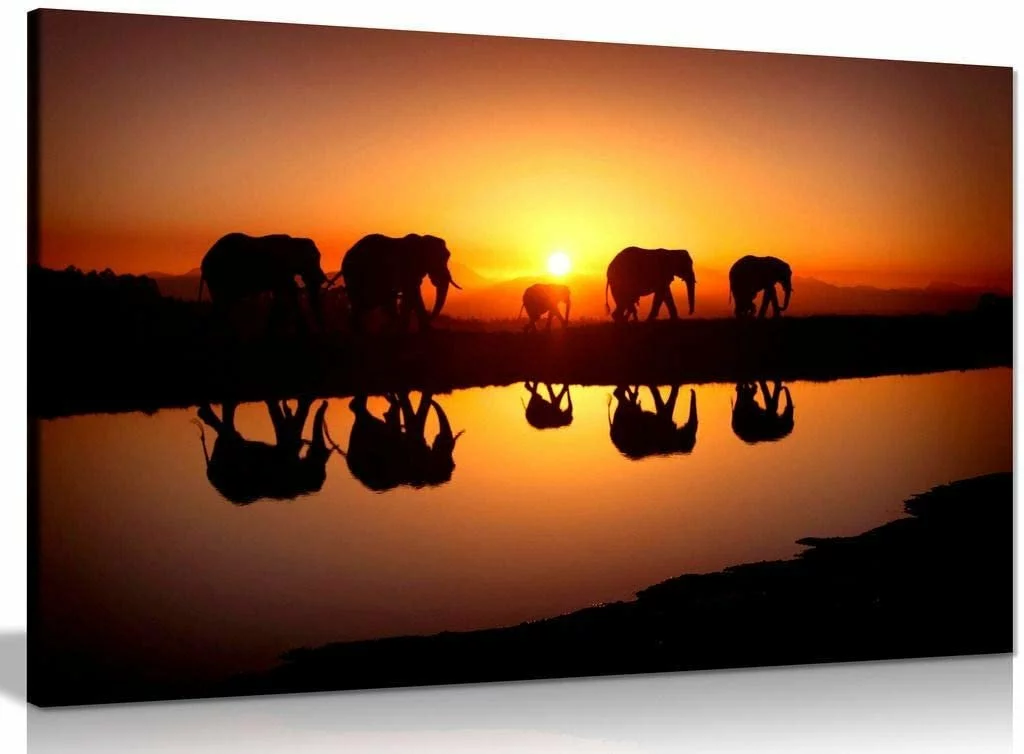 African Sunset Elephants Canvas Print - Wildlife Nature Wall Art, Hand-Stretched