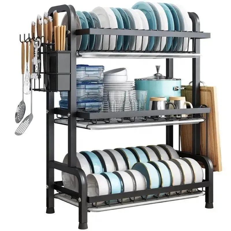 2/3-Tier Stainless Steel Dish Draining Rack - Kitchen Bowl & Plate Storage Organizer