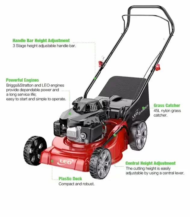 LEO 79cc Petrol Lawn Mower - 25–75mm Cut, 45L Grass Bag, Hand Push