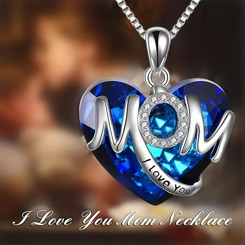 "I Love You Mom" Heart Pendant Necklace (Zircon & Zinc Alloy)