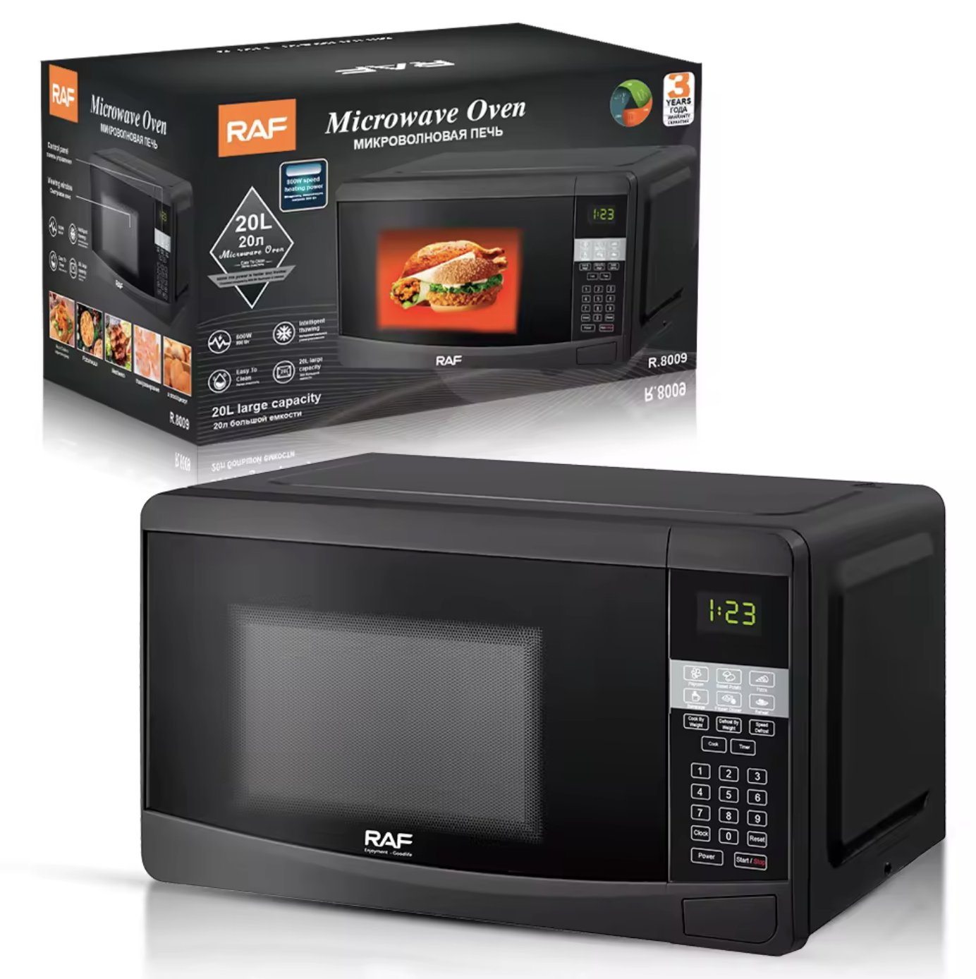 RAF 20L Smart Inverter Microwave Oven - Digital Controls, 34cm Turntable, Junior Menus, Compact Countertop