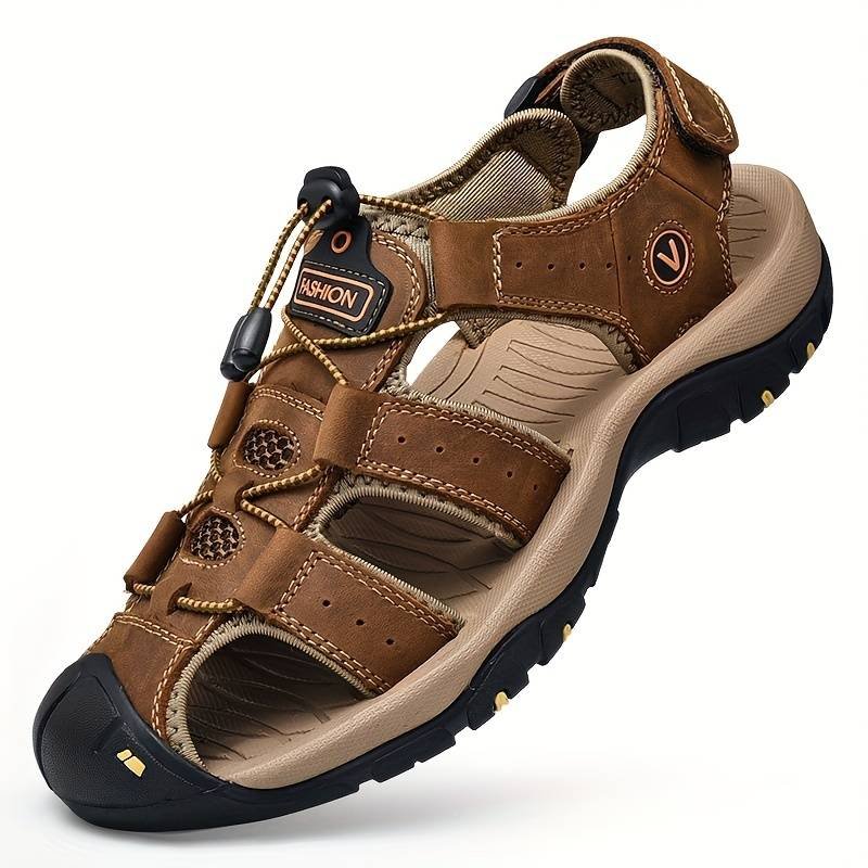 Men's Leather Sport Sandals - Breathable Hollow-Out, Non-Slip, Beach/Hiking