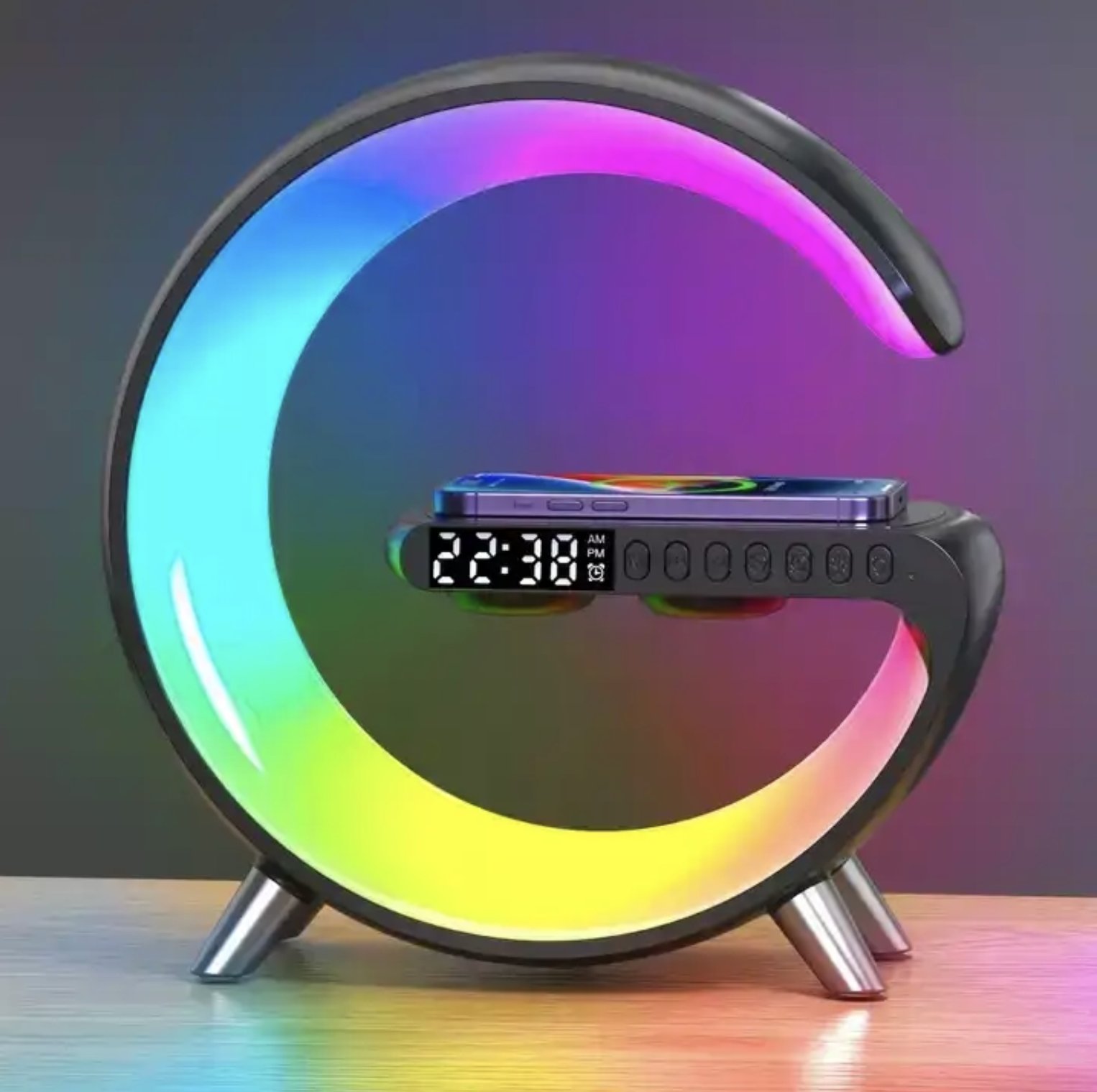 5-in-1 G-Shaped Wireless Charging Dock with Alarm Clock & Speaker