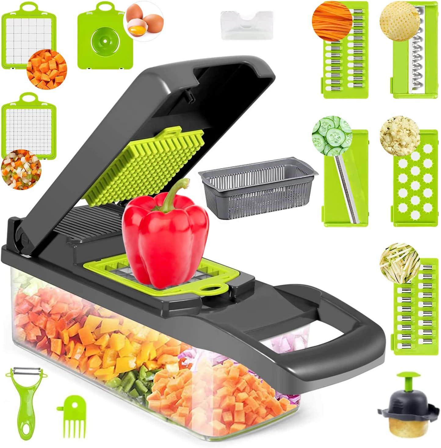 12-in-1 Mandoline Vegetable Slicer & Chopper - 7 Blades, 1.2L Container, Drain Basket