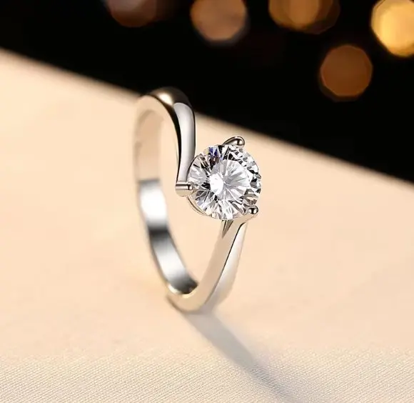 Women's Moissanite Silver Wedding Ring - Rhodium/Platinum Plated, Prong Set