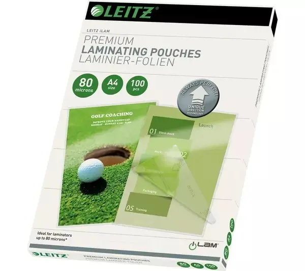 Leitz iLAM A4 80-Micron Gloss Laminating Pouches - 100-Pack, Jam-Free, Easy-Feed