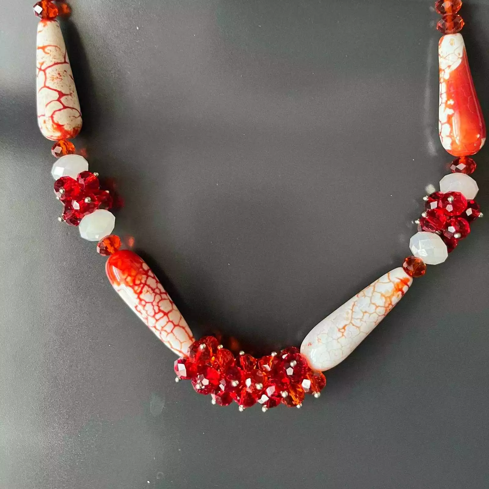 Handmade Red & White Fashion Bead Necklace - 28" Long, UK Crafted