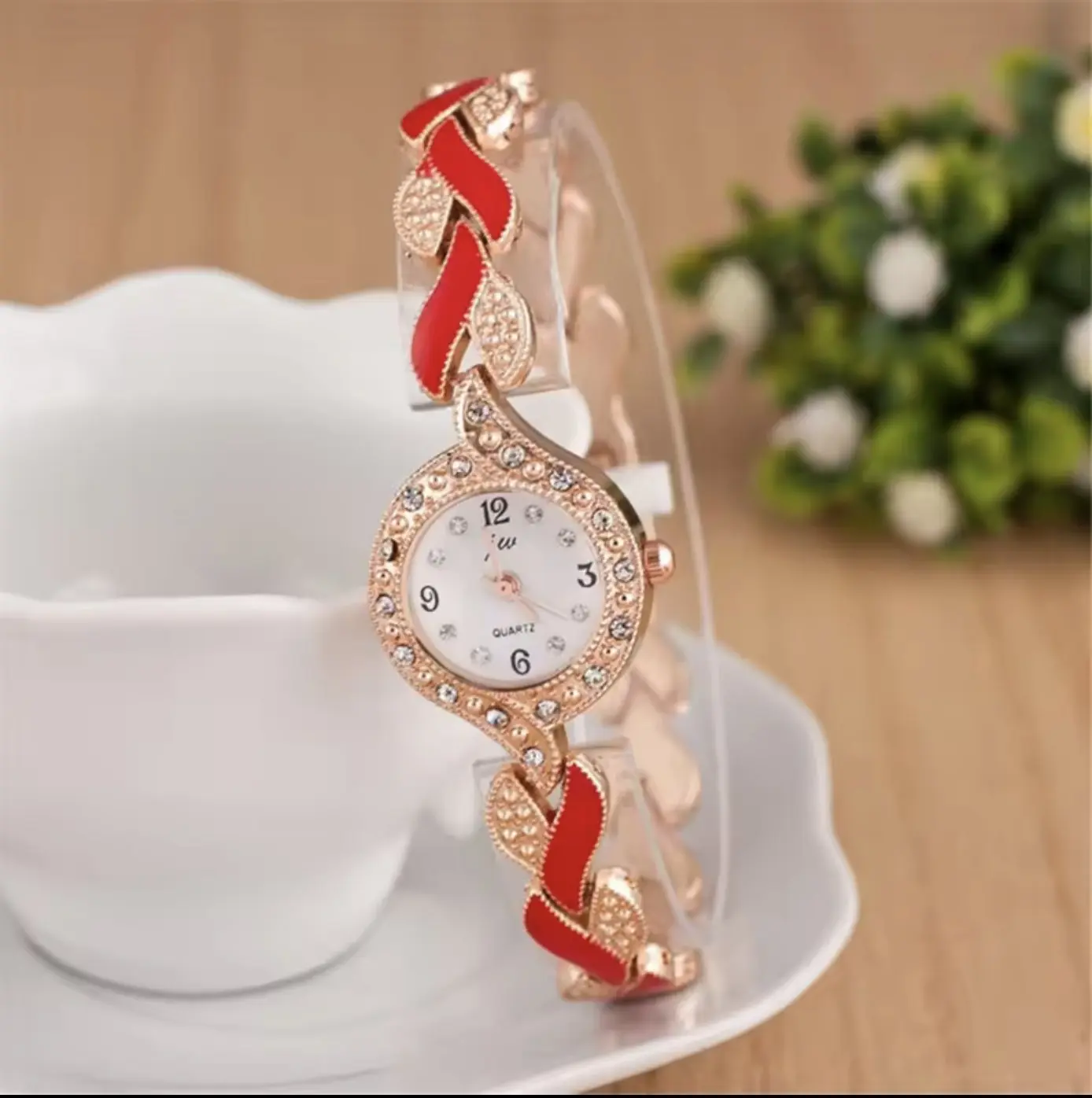 Luxury Ladies Two-Tone Quartz Watch - Red Stone-Set, Stainless Steel Bracelet
