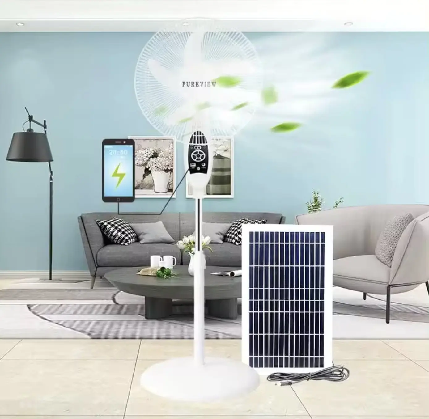 18" Solar Rechargeable Standing Fan - 9-Speed, Remote, 3–9hr, 12V Panel