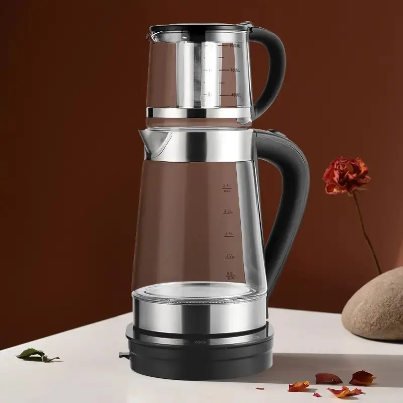 Electric Glass Samovar Tea Maker - 2L+1L, 1500W, 360° Cordless, Keep-Warm