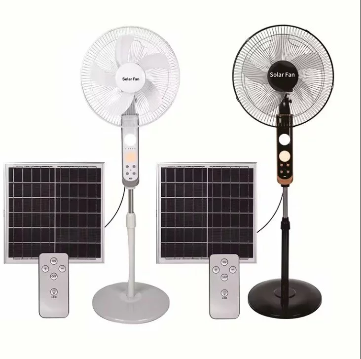 16" Solar Rechargeable Stand Fan - 25W, 20W Panel, 8–13hr Runtime, AC/DC