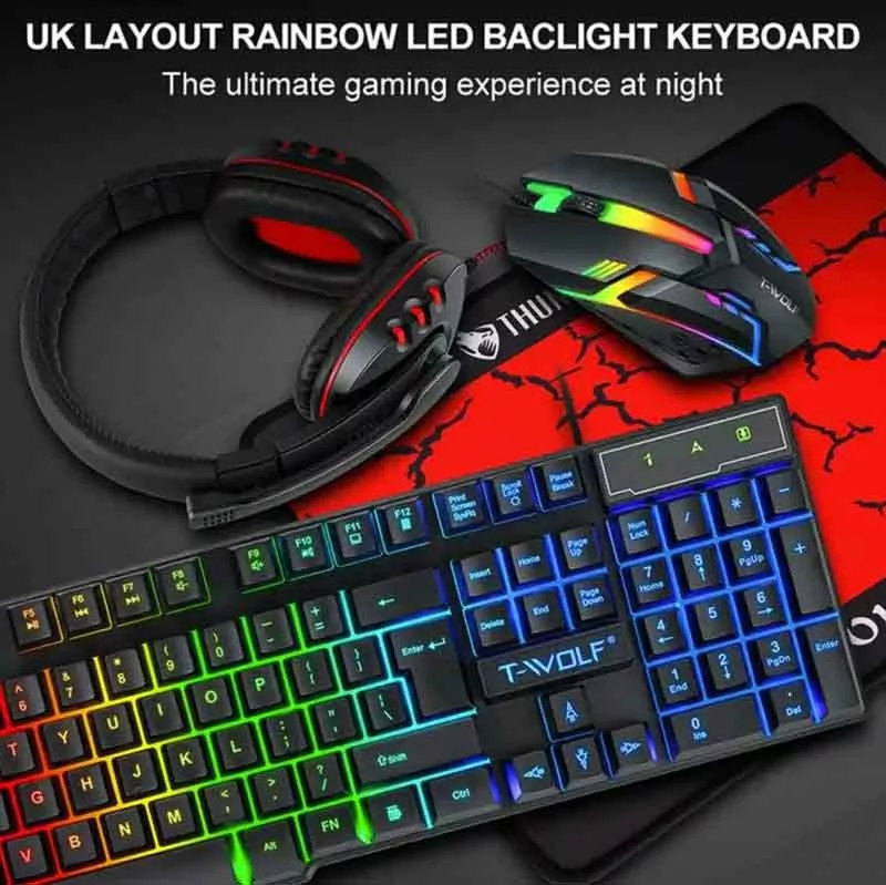 T-Wolf TF800 4-in-1 RGB Gaming Combo - 104-Key Backlit Keyboard, 1600DPI Mouse, 50mm Headset, Anti-Slip Pad