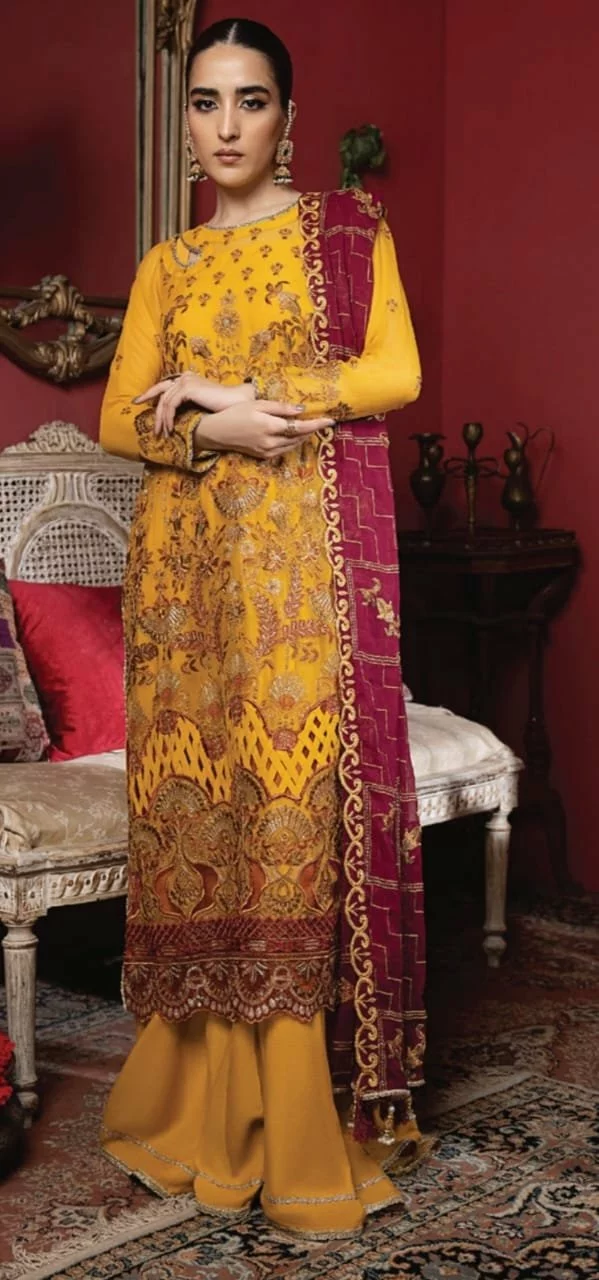 2023 Embroidered Chiffon Party Dress - 3-Piece with Dupatta & Raw Silk Trouser