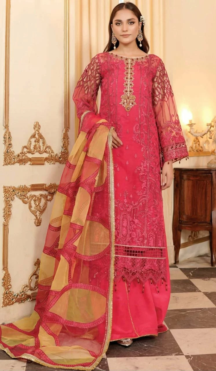 Embroidered Organza Wedding Dress with Dupatta & Trouser