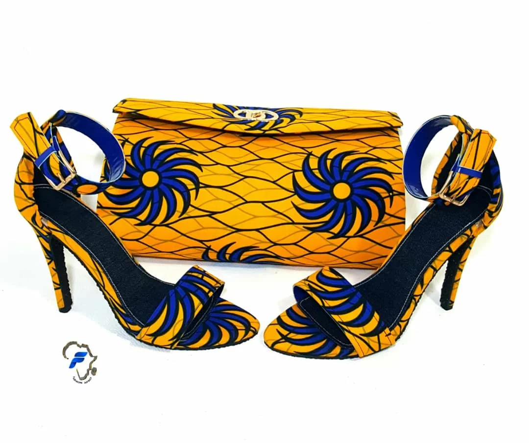 Fashion Afrique Ladies Open-Toe Heels & Matching Purse Set - Wax Print, 3–5cm, Sizes 37–40