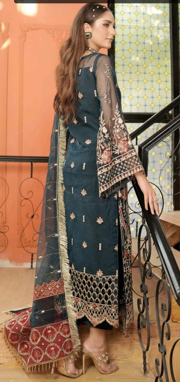 Premium Embroidered Organza Asian Dress Set - Dupatta, Grip Trouser, Full Suit