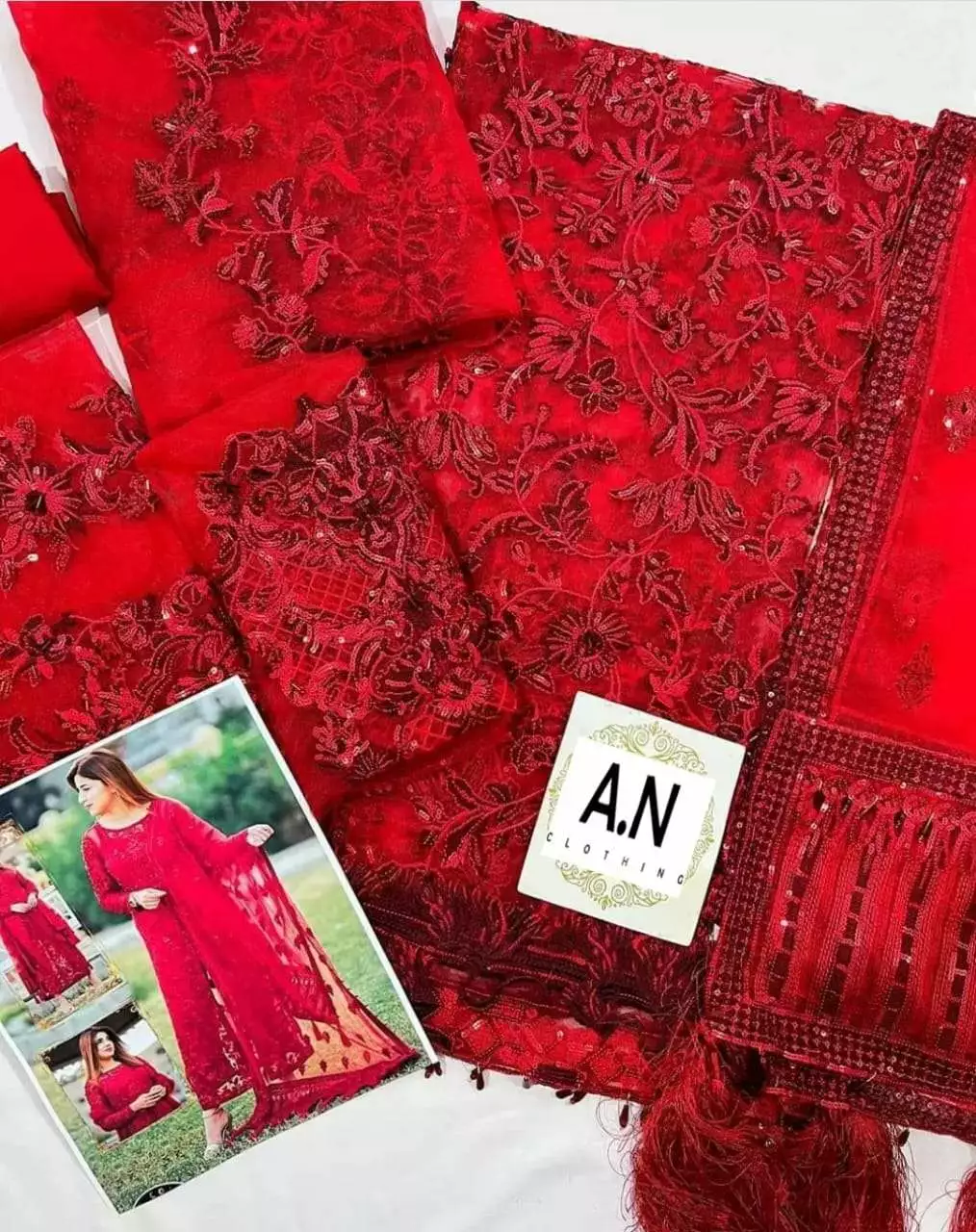 Luxury Net Wedding Collection - Heavy Embroidered 3-Piece with Tassel Dupatta