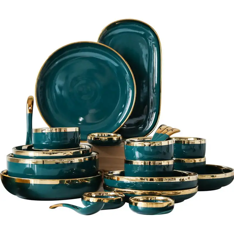 18-Piece Ceramic Dinnerware Set with Gold Inlay for 6 People