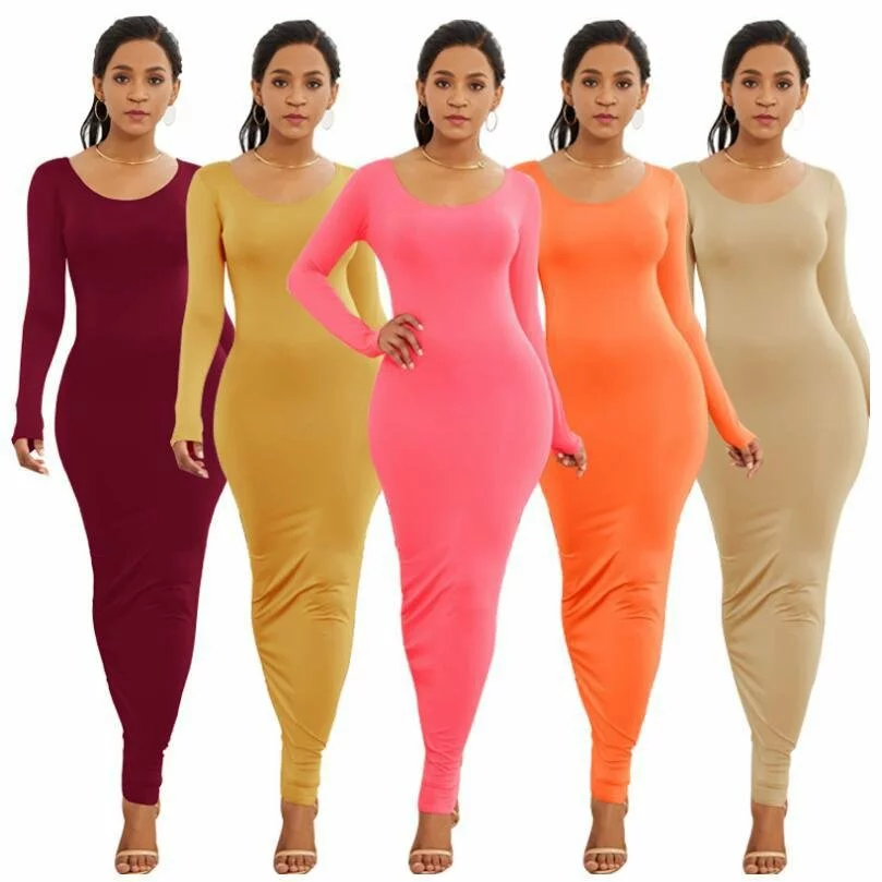 Elegant Bodycon Midi Dress - Solid Color, Long Sleeve, Slim Fit, O-Neck