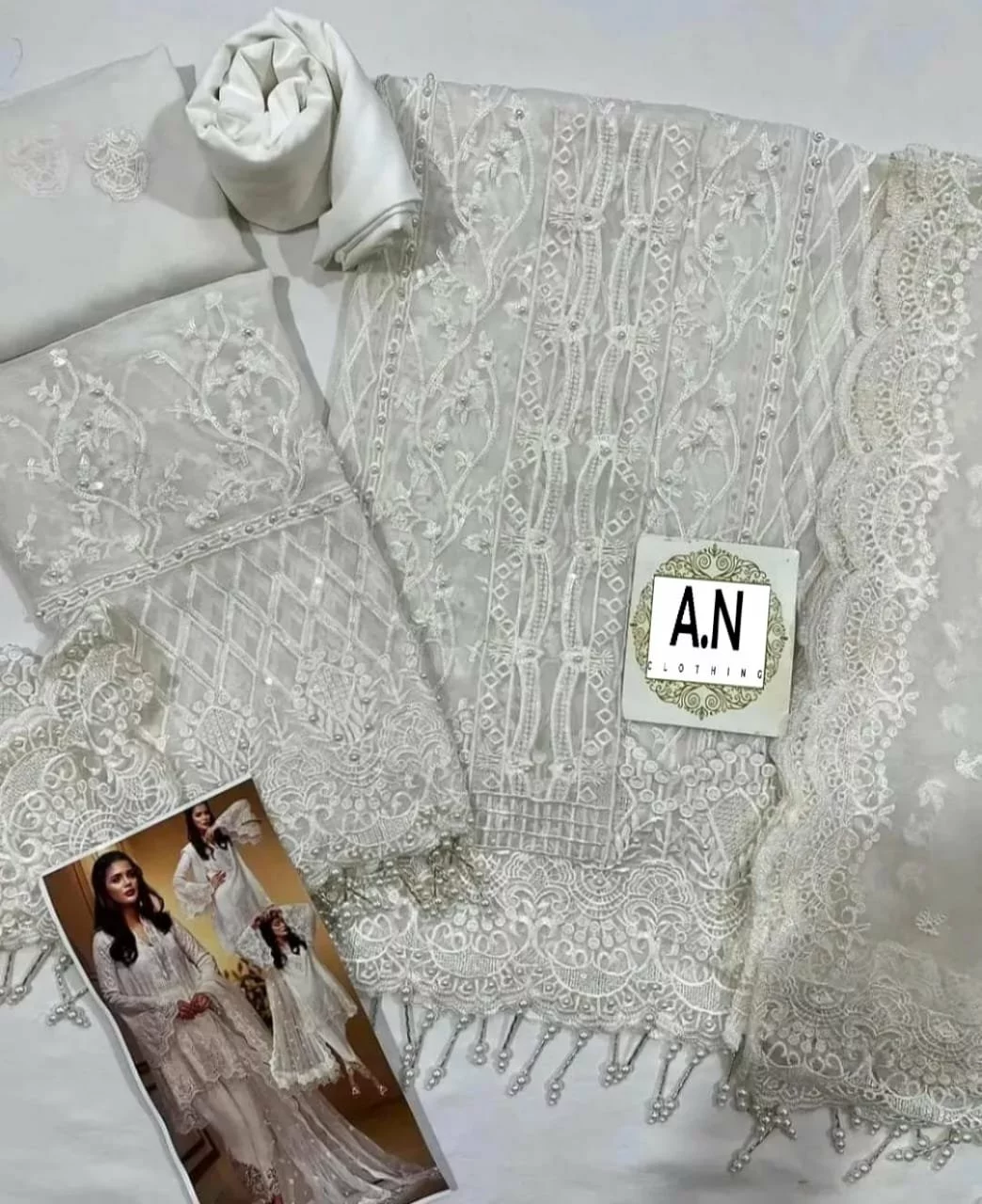 Luxury Embroidered Chiffon Wedding Dress - Net Dupatta, Tassel Borders, Full Set