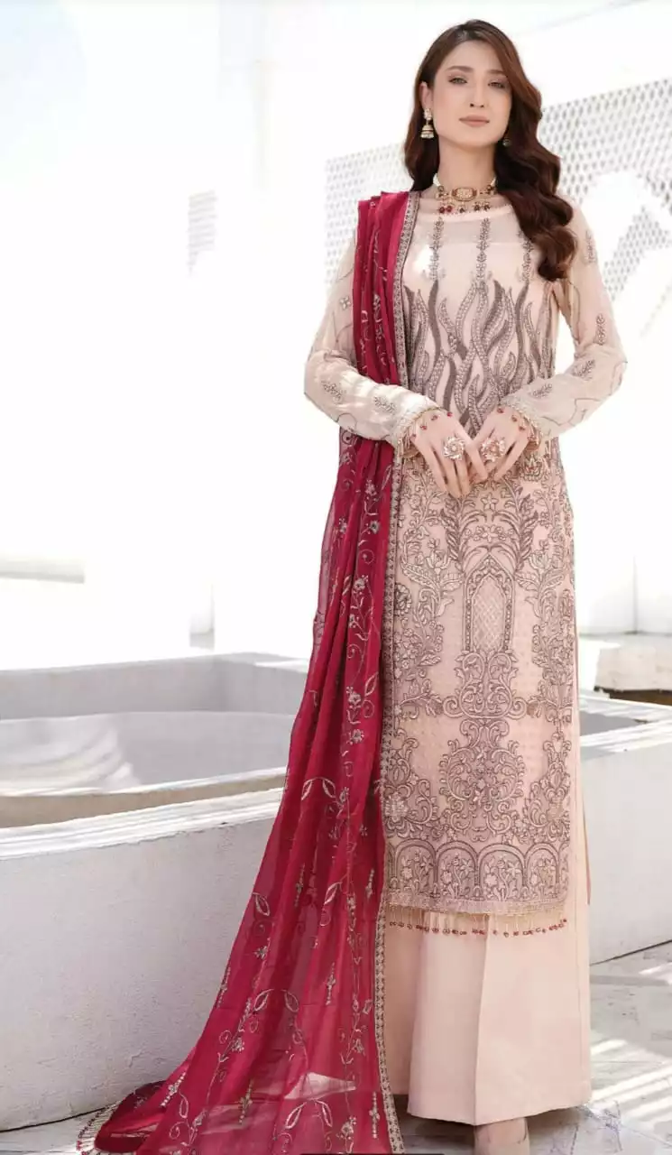 Embroidered Chiffon Asian Wedding Dress & Trouser Set