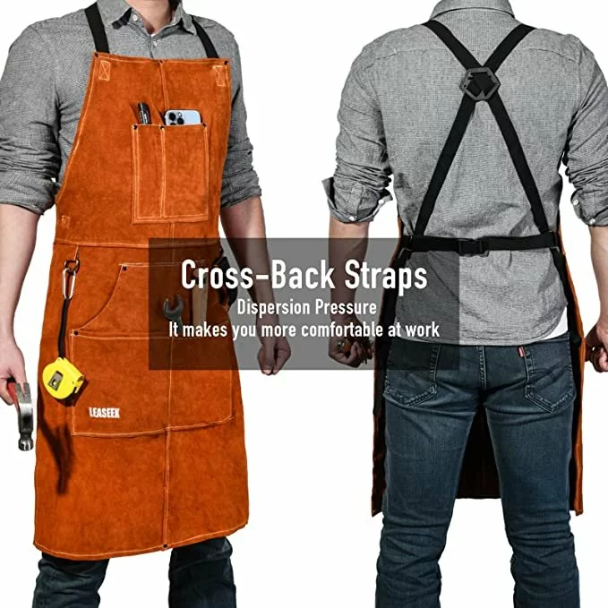 Unisex Heavy-Duty Leather Welding Apron with 6 Pockets (Brown)